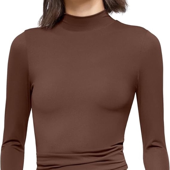 Pumiey Tops - Women's Mock Neck Long Sleeve Top - Brown
